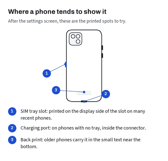 Back view of a generic phone with numbered callouts at the tray slot, charging port and back print