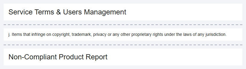 Screenshot excerpts from 100buy.com: the Service Terms heading, item j on infringing items, and the Non-Compliant Product Report heading