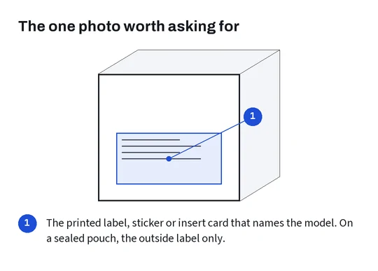 A generic retail box with its printed label marked, and notes on what to ask the warehouse to photograph